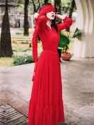 青海旅游裙子超仙海边大红色连衣裙，长裙服装沙漠拍照衣服民族风女