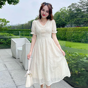 夏季短袖新中式盘扣连衣裙雪纺小众日常出街高腰纯色长裙子99351