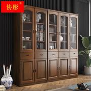 中式实木书柜带玻璃门落地组合书架，柜家用客厅置物柜书房办公书橱