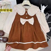 小女孩儿童秋冬季装复古法式蝴蝶结娃娃翻领，加厚夹棉假两件连衣裙