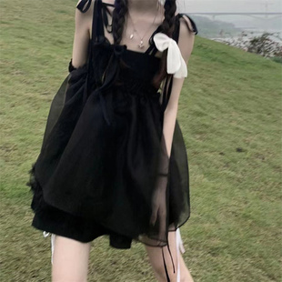 韩版小众吊带黑色连衣裙女夏季学院风高腰显瘦无袖蓬蓬仙女裙