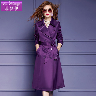 菲梦伊紫色风衣外套，女中长款春季西装领英伦，风收腰双排扣气质大衣