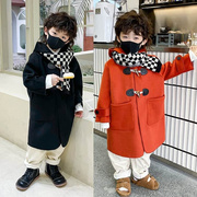 男童秋冬季加厚外套毛呢子(毛呢子)大衣韩版中长款牛角扣童装红色冬装2022