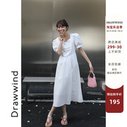 画风drawwind方领泡泡袖连衣裙2024夏季女法式纯色高腰裙子