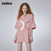 guuka粉色短袖女t恤重磅，纯棉情侣装潮夏季多巴胺穿搭半袖上衣宽松
