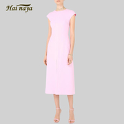 高级感优雅粉色连衣裙夏气质圆领修身显瘦前开叉短袖中长A裙