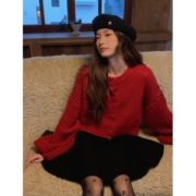 SourceWithU 慵懒雪夜 节日氛围红色粗针含羊毛开衫针织衫女毛衣