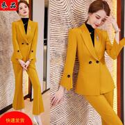 职业装套装女秋冬时尚，黄色西装套裤气质韩版修身显瘦工作服