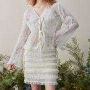 Yann M原创设计白色蕾丝蛋糕半裙可系带浪漫可爱网纱清新半身裙