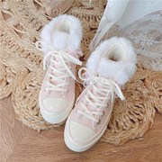 欧洲站甜美风淡粉色加绒绑带帆布鞋冬季平底高帮防滑棉靴少女板鞋