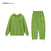 benmyshower国潮美式跑步卫衣绿色休闲运动服套装男女情侣装秋装
