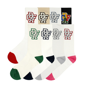 graf原创品牌重叠经典字母，精美多色拼接彩色，厚实滑板长筒棉袜子