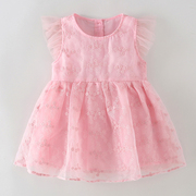 女童粉红色夏季公主裙儿童，纯棉夏装宝宝蕾，丝网纱短袖连衣裙蓬蓬裙