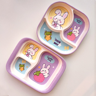 薇可可兔年儿童餐具女孩小兔子辅食盘宝宝分格隔餐盘卡通可爱叉勺