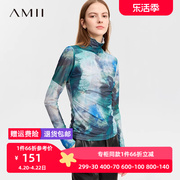 Amii中国风网纱T恤女2023秋季修身保暖打底衫半高领弹力上衣