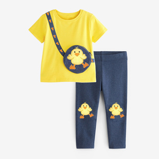 女童小鸭短袖t恤黄色上衣，打底裤子2件套，儿童纯棉夏装宝宝半袖套装
