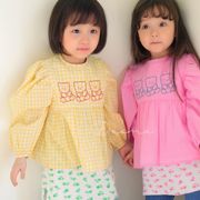 88韩国童装代.购21s女童，卡通格子泡泡袖荧光色娃娃衫衬衫