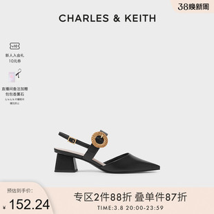 charles&keith春夏女鞋，ck1-61720102女士编织扣带饰尖头粗跟凉鞋