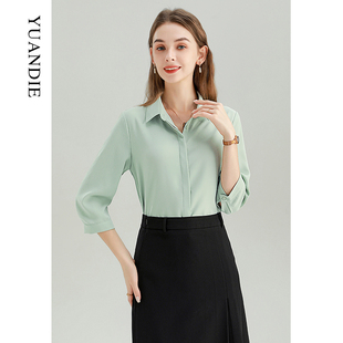 七分袖衬衫女春装半袖面试职业雪纺上衣高级感小个子中袖绿色衬衣