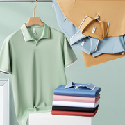 高尔夫男装桑蚕丝短袖Polo衫士夏季轻奢韩版T恤V领纯色上衣黑