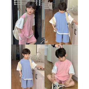 虾酱麻麻男童运动套装，夏季2024中大童衣服假两件洋气儿童短袖