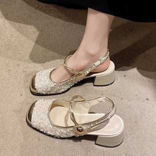 小香风包头凉鞋仙女鞋子2024年夏季粗跟玛丽珍法式一字带凉鞋