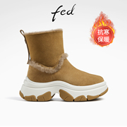 fed厚底短靴冬季靴子皮毛一体雪地靴保暖棉靴女款R1113-ZF357