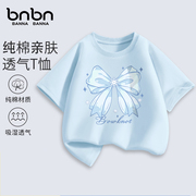 儿童短袖t恤女童夏季薄款蓝色蝴蝶结半袖中大童纯棉透气运动上衣