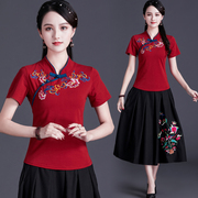 民族风女装上衣刺绣短袖纯棉，t恤夏季复古中国风绣花立领上衣