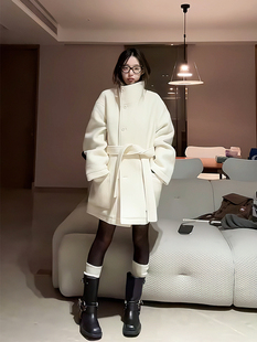 韩式高级感气质立领毛呢大衣外套女23冬季纯色加厚保暖中长款呢子
