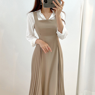 韩国chic秋季轻熟风翻领系带，长袖衬衫+高腰，侧边百褶背带连衣裙女