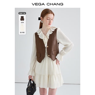 vegachang白色连衣裙女2024年春季温柔荷叶，边灯笼袖仙女裙子