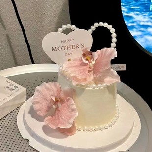 母亲节蛋糕装饰珍珠，爱心mom蝴蝶兰摆件母亲节快乐妈妈，生日插牌