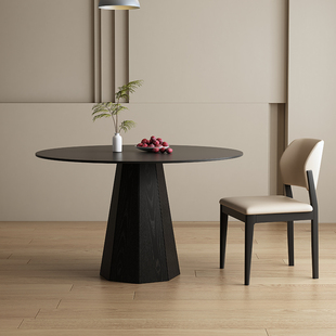 德利丰岩板圆桌家用小户型现代简约纯黑纯白圆形餐厅饭桌实木圆桌