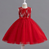 女童礼服短款公主裙网纱蓬蓬晚宴演出服，纯色红色b类连衣裙l120