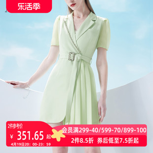 aui绿色欧根纱泡泡袖连衣裙，2023女夏名媛(夏名媛)气质小个子西装裙