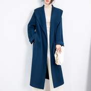 蓝色双面羊绒大衣女中长款2023年秋冬季高端赫本风羊毛呢外套