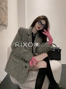 RIXO EXIT法式时尚高级感单排扣斜条纹小香风毛呢西装外套女