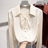 2024韩国气质显瘦翻领系带，纯色单排扣长袖雪纺，衬衫女春季
