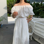 韩国chic夏季法式一字领后背系带镂空衬衫+高腰层次感蕾丝半身裙