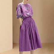 欧美名媛成套搭配休闲时尚，套装女夏高级感短袖紫色半身裙子两件套