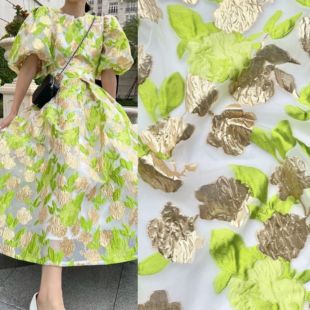 布艺岛 绿色金色浮雕提花高档欧根纱网纱面料 汉服连衣裙手工diy