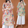 中式改良茶服上衣汉服，女夏季宽松中长款洋气复古印花系带苎麻衬衫