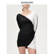 环保小众原创设计师品牌SIJIA秋冬黑白拼接弧形拉链贴身连衣裙