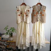 925美式复古刺绣花朵镂空针织马甲甜美蕾丝吊带连衣裙两件套春夏