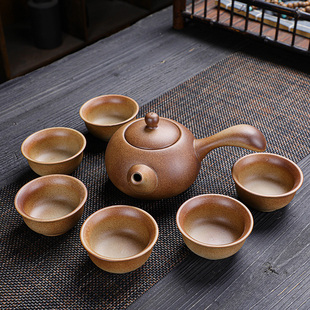柴烧粗陶功夫茶具套装，仿古茶具汉陶土手工，浮雕茶杯茶壶盖碗茶海