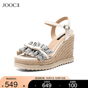 jooc玖诗一字带凉鞋女23夏法式(夏法式)水钻，褶皱荷叶边设计高跟鞋6721