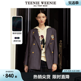 TeenieWeenie小熊春装学院风宽松中长款双排扣戗驳领西装外套