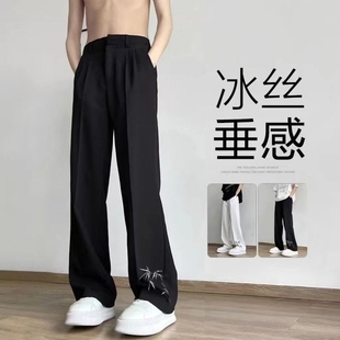 致别风新中式国风休闲裤子，潮牌男夏冰丝(夏冰丝)高级感直筒西装裤西裤垂感
