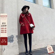 红色娃娃领双面羊绒大衣女，2024年高端韩版宽松小个子毛呢外套